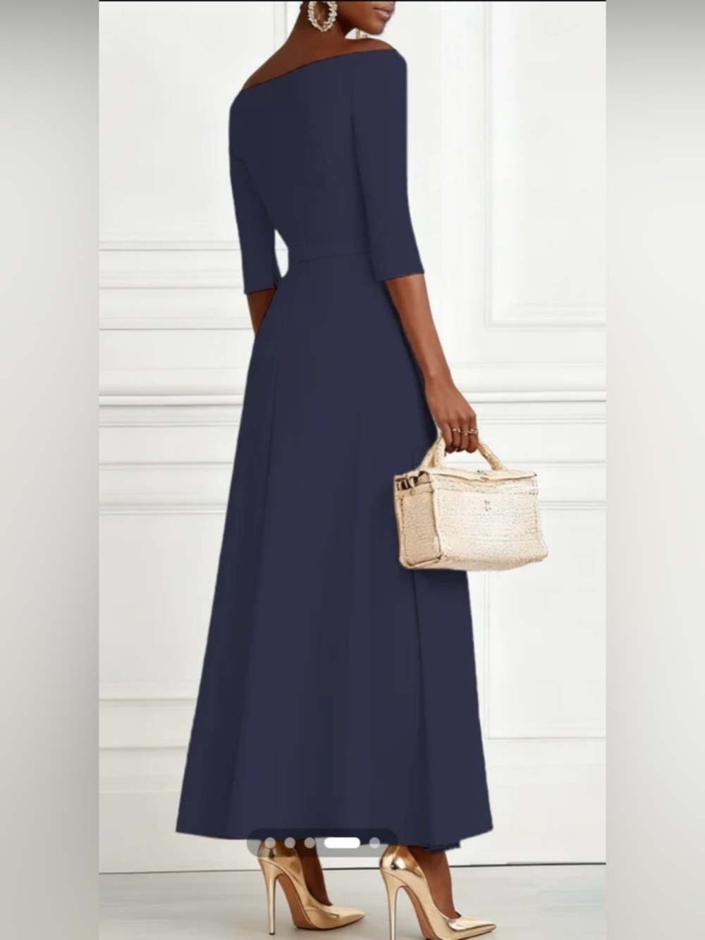 Off-Shoulder Navy Maxi with Slim Waist Belt - Picture 2 of 6
